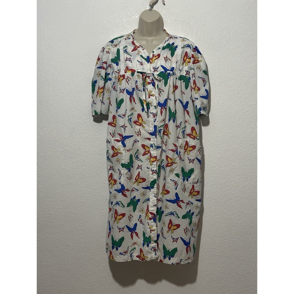 Vintage 70 80s Tommies Butterfly House Dress‎ Duster Robe Pockets Snap Size 2X